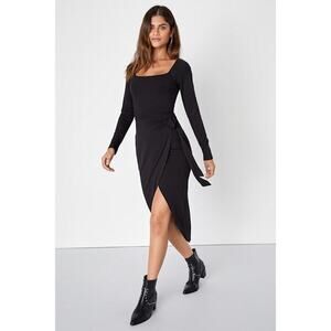 Lulus Truly Timeless Black Long Sleeve Midi Wrap Dress - Size L